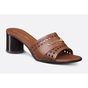 Dior D-Lane Dway Micro Cannage Down Town Brown Leather Logo Slide Heel Sandal 39